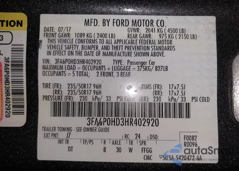 2017 Ford Fusion Se z USA, uszkodzony, nr VIN 3FA6P0HD3HR402920